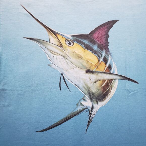 Vintage Occhio Marlin Size Large Mens 2 Tone Blue Double Side Pocket T-Shirt - Picture 2 of 8